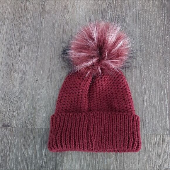 Burgundy Knit Pom Pom Beanie - Picture 2 of 4